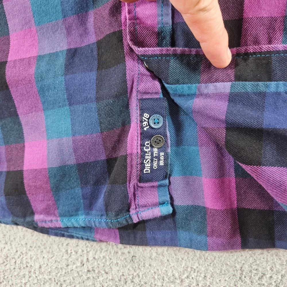 Diesel Co Mens Plaid Western Snap Button Down Shirt Purple Blue Black Small S‎